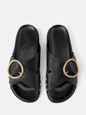Zara Black‎ Leather Slide Sandals with Gold Accents